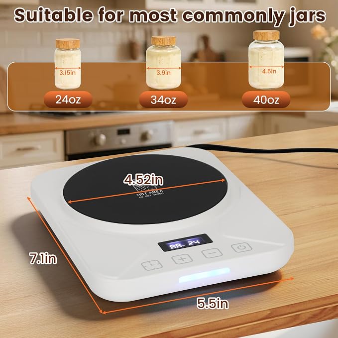 Sourdough Starter Warmer with 1°F Thermostat Control(70-100℉)24H Timer Memory Function Heating Pad for Fermentation, Heating Mat for Home Baking Fits Jars Up to 40oz (White)