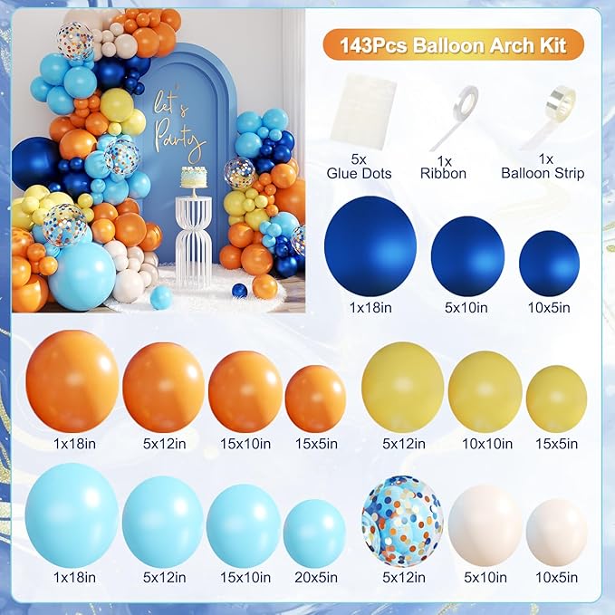Blue Orange Balloon Garland Arch Kit, 143Pcs Navy Blue Yellow Sand White Confetti Balloons for Birthday Baby Shower Gender Reveal Decorations
