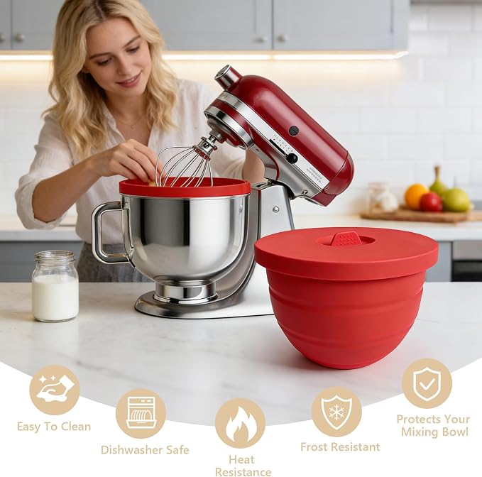 Silicone Mixing Bowl Liners Compatible with KitchenAid 5Qt Tilt-Head Stand Mixer, Food Grade Collapsible Bowl Inserts with Airtight Lids, Foldable & Reusable Mixer Accessories for Baking，Red