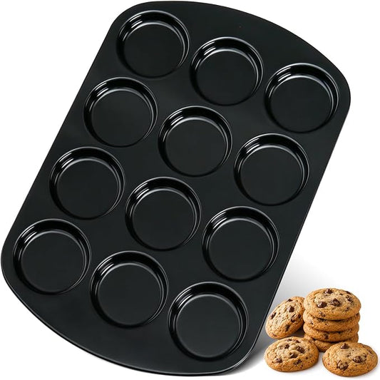UWILLION Muffin Top Pan, 12 Cavity Nonstick Shallow Cupcake Pan, 3 Inch Carbon Steel Baking Tray, Oven Safe up to 450°F, for Muffin Tops, Eggs, Cornbread, Cookies, Whoopie Pies