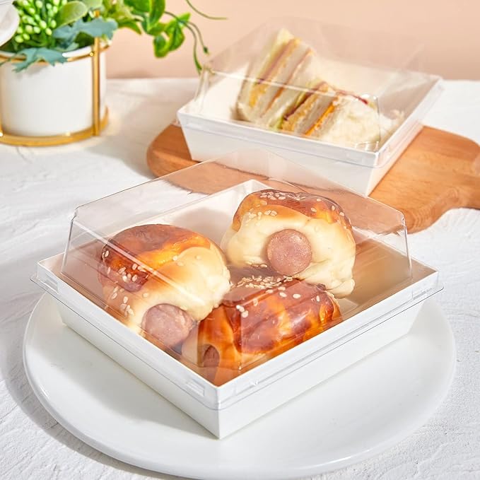 ZORRITA Paper Charcuterie Boxes with Clear Lids, 50 Pack, 5 Inch, White | Square To Go Dessert Containers, Small Bakery Boxes, For Cake, Cookies, Sandwich, Strawberries