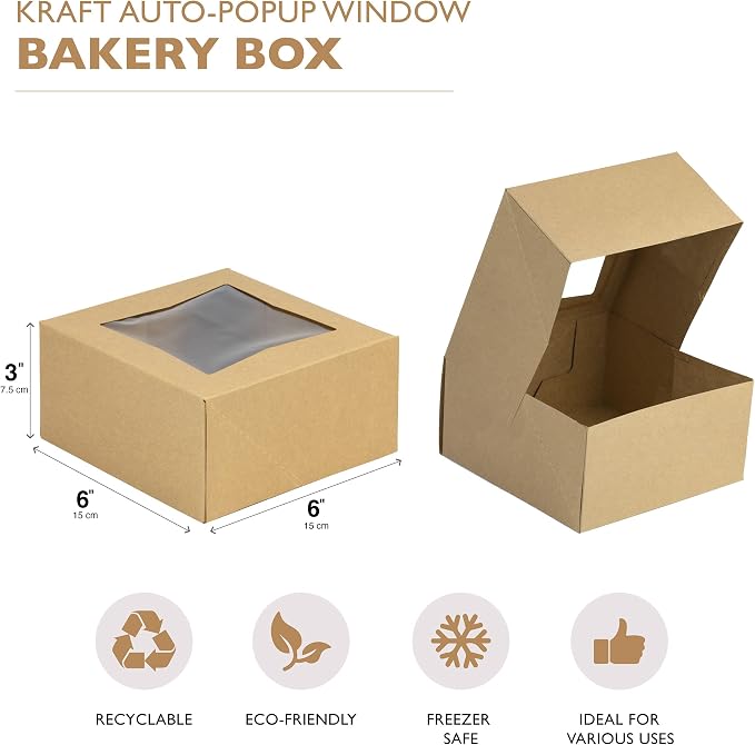 Fit Meal Prep 25 Pack Bakery Boxes with Window 6x6x3 Kraft Cake Box Cardboard Bakery Packaging for Cupcake, Cookies and Pastry, Treat Box Pie Box for Valentine's Day, Christmas