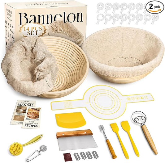 BAVIFY Sourdough Starter Kit, Banneton Bread Proofing Baskets Set, Sourdough Bread Baking Supplies Making Tools with Dough Scraper, Whisk, Bread Lame, Recipe, 2 Round Gift Set