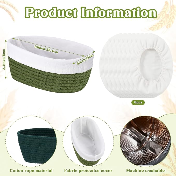 4 Pcs 10 Inch Cotton Rope Banneton Bread Proofing Basket Set Oval Banneton Basket Sourdough Bread with Liners Covers for Baking Supplies (Green Tones)