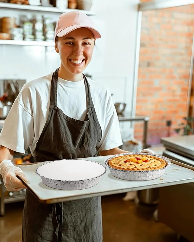 50 Pack 9 Inch Round Aluminum Pans with White Cardboard Lids - Disposable Tin Foil Pans, Food Containers for Cake Baking, Cooking, Reheating, Roasting, Storage