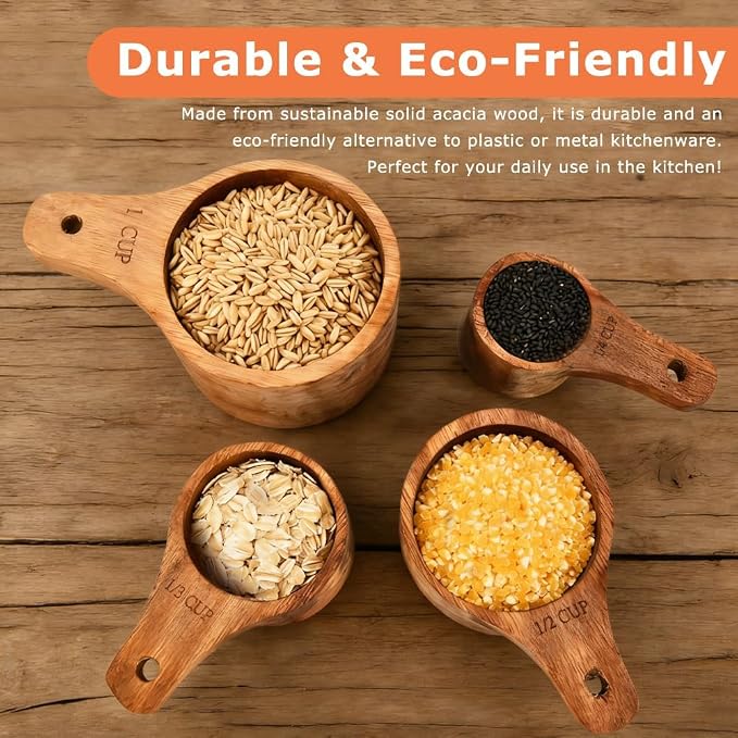 8-Piece Acacia Wood Nesting Measuring Cups and Spoons Set, Laser Engraved Precision Markings, for Baking & Cooking, Gift for Bakers Chefs Home Cooks, Rustic Farmhouse Kitchen Decor