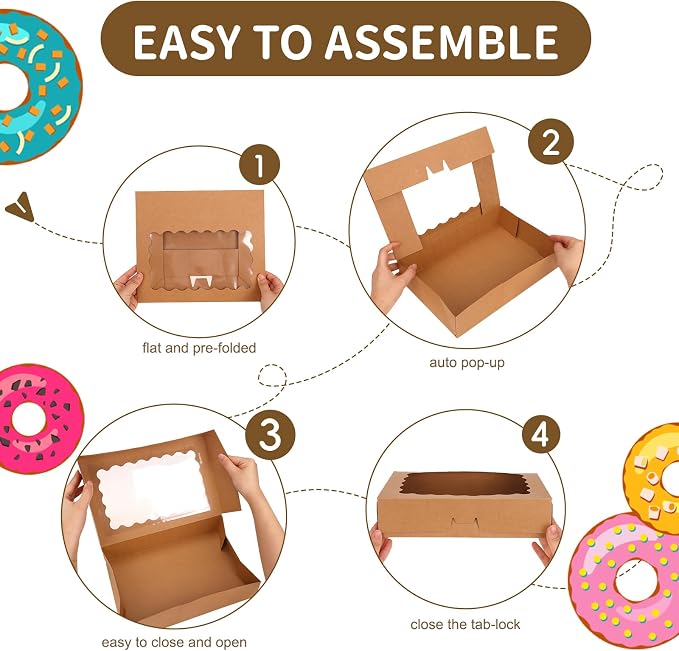 Moretoes 15pcs Bakery Boxes, 12x8x2.5 Inches Auto-Popup Cookie Boxes with Windows for Chocolate Covered Strawberries, Donuts, Pastries (Brown)