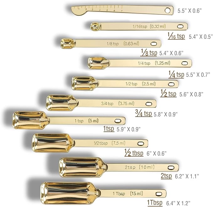 Stainless Steel Measuring Spoons with Leveler, 10pcs, Gold | Heavy Duty Metal, Rectangle Shape, Tablespoon Teaspoon, Fits in Spice Jars, For Kitchen Cooking Baking