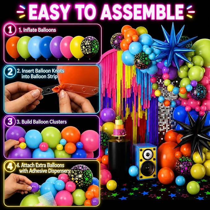Neon Balloon Arch Kit, 122Pcs Bright Orange Green Blue Hot Pink Yellow Purple Black Rainbow Balloons with Foil Star Balloons for 80s 90s Neon Party Rainbow Birthday Decorations Disco Party Backdrop