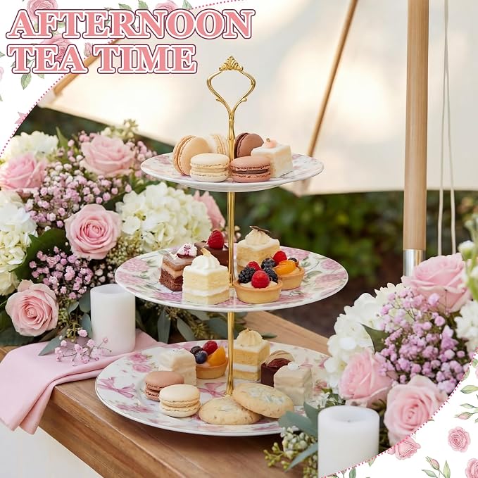 3 Tier Pink Floral Cake Stand Ceramic Coquette Dessert Stand with Gold Metal Rack Shabby Hydrangea Bow Cupcake Tower for Wedding Bridal Shower Baby Shower Birthday Afternoon Tea Party