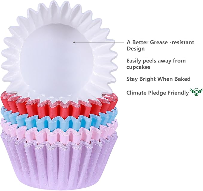 Caperci Heavy Duty Multicolor Cupcake Liners 150pcs - Standard Grease-Resistant Paper Muffin Baking Cups, Odorless, No Muffin Pan Needed, Easily Peels (Bright Assorted Colors)