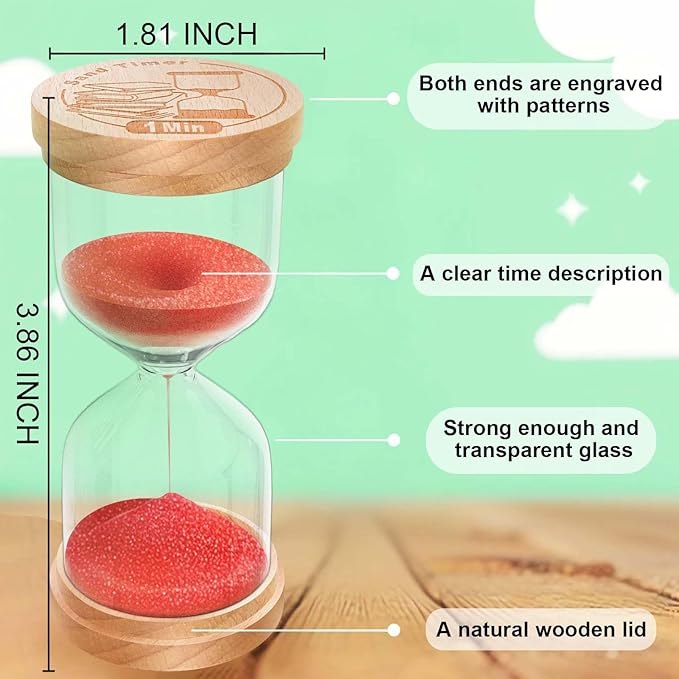 1 Minute Sand Timer, Wooden Hourglass Sand Clock, Small Beech Wood Red Hour Glass, One Minutes Sandglass for Brushing Teeth, Reloj De Arena, Classroom, Game, Kitchen, Home, Office