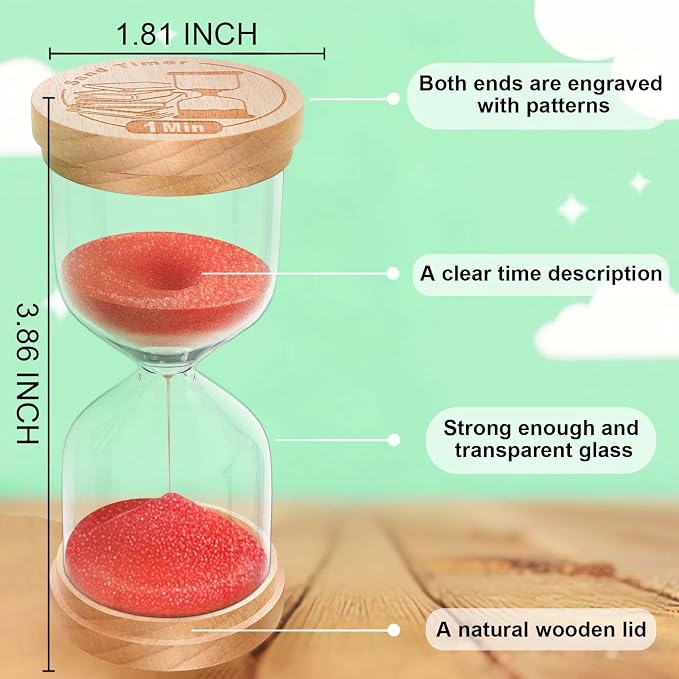 3 Minute Sand Timer, Wooden Hourglass Sand Clock, Small Wood Red 3 Min Hour Glass, Five Minutes Sandglass for Brushing Teeth, Reloj De Arenai, Classroom, Game, Kitchen, Home, Office
