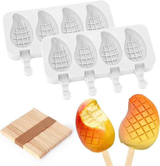 Juome 2Pack Mango Shape Silicone Popsicle Molds - 4 Cavity 3D Mango Ice Cream Molds with 50 Wooden Sticks for Ice Pop, Cake Pop, Cakesicles, Fruit Pudding