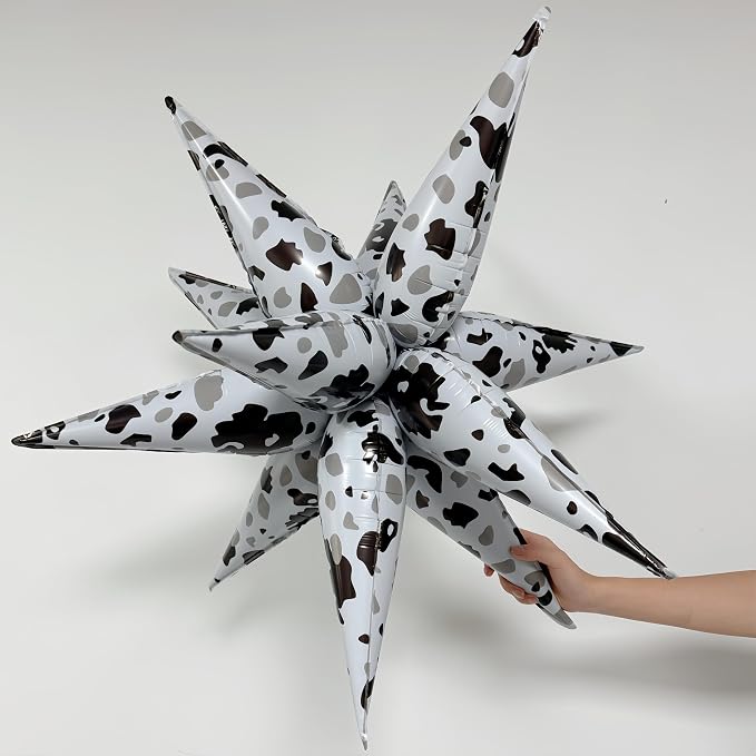 2Pcs Cow Print Star Balloons Party Decorations/32 Inch Black White Explosion Star Foil Balloons for Western, Farm, Barn, Cowgirl, Baby Shower, Birthday Party Supplies (2Pcs White cow pattern)
