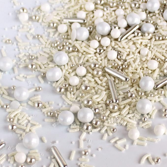 Wedding Bells Sprinkle Mix| Made In USA By Sprinkle Pop| Classic Pure White Sprinkles With Shimmering Silver Metallic Dragees| Decorating Sprinkles For Anniversary Bridal Shower Cakes Cupcakes, 2oz
