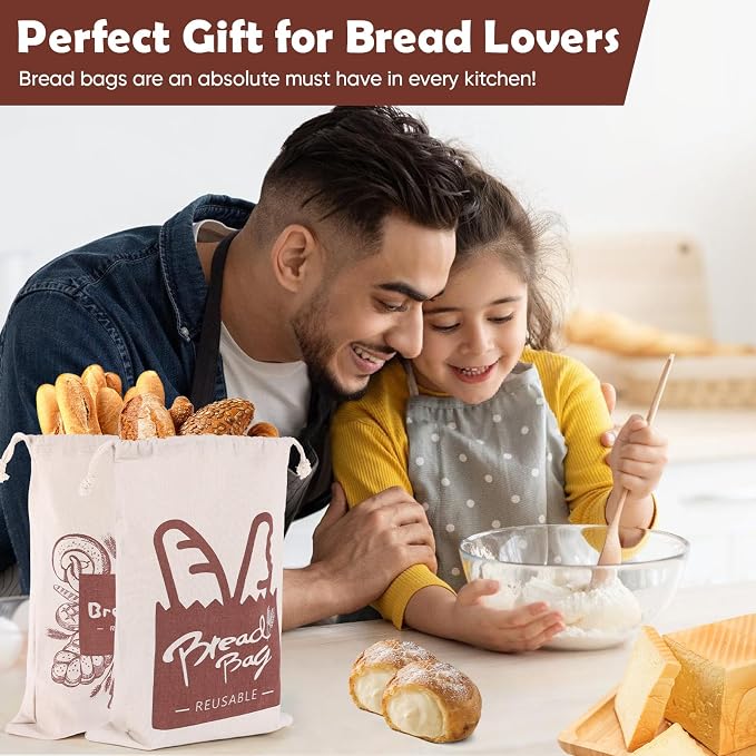Bread Bags, 2 Pack Bread Bags Reusable Linen with Plastic Lining, Large 17“×13”Homemade ‌Loaf Storage Bags Bread Box for Artisan Bread, Round Loaf, Sourdough
