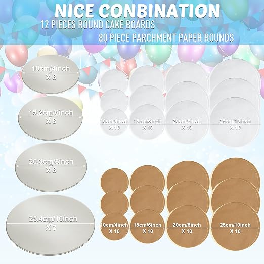 Boao 112 Pieces Cake Board Kit Sturdy Round 4, 6, 8, 10 Inch with Parchment Paper Round and Plastic Tiered Cake Dowel Rod Separator Plate for Party Wedding Birthday