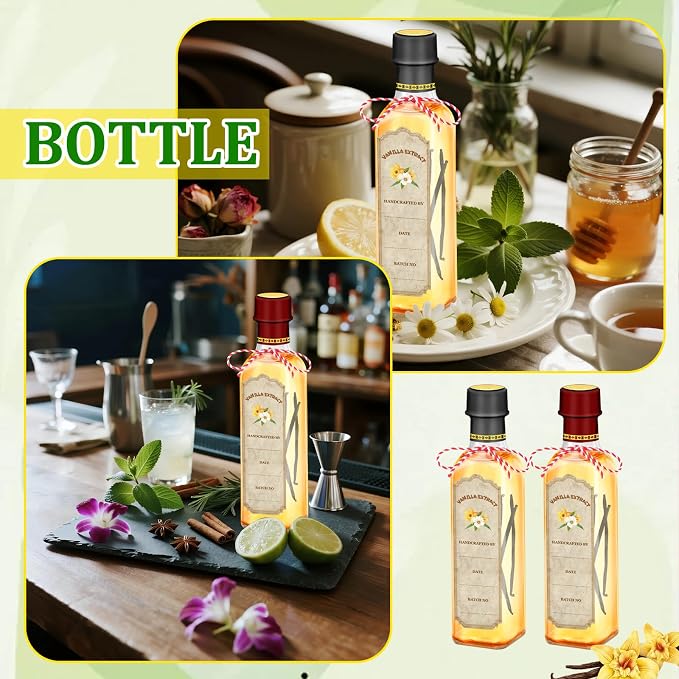 10-Pack Glass Vanilla Extract Bottles 8 oz with Lids, Labels, Shrink Bands & Funnel – Ideal Glass Jars for Syrup, Extract, and Essential Oils