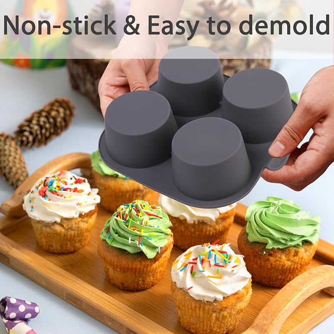 Silicone Muffin Tray for Air Fryer 1Pcs, 4-Cups Nonstick Muffin Pans with Carrying Handle, Silicone Cake Pans for Baking Cupcakes Pudding Dessert Quiches Tart, Grey