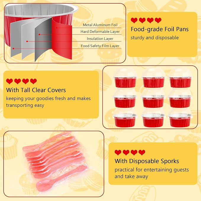 5oz Disposable Cupcake Pans with Lids 25 Pack, Foil Mini Cake Pans Small Muffin Tin, Individual Baking Cups Cupcake Containers Creme Brulee Ramekins Liners for Christmas Baking Gifts-Red
