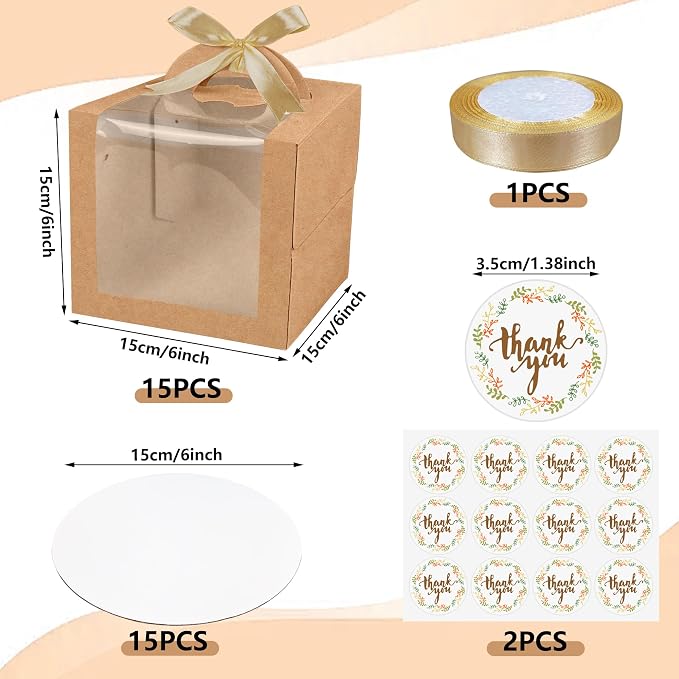15PCS Brown 6x6x6 Inch Cake Boxes with Window Handle Boxes 6 Inch with Cake Boards for Gift Giving Elegant Paper with Ribbon Stickers for Weddings Birthdays Holidays Corporate Event Party Favors