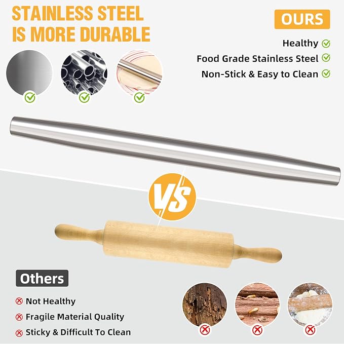AMUZHI Smooth Seamless Stainless Steel Rolling Pin, 16.7in+Silicone mat | Easy to clean food grade metal, ideal for daily pizza, pie, pasta, dumpling and cookie dough household baking
