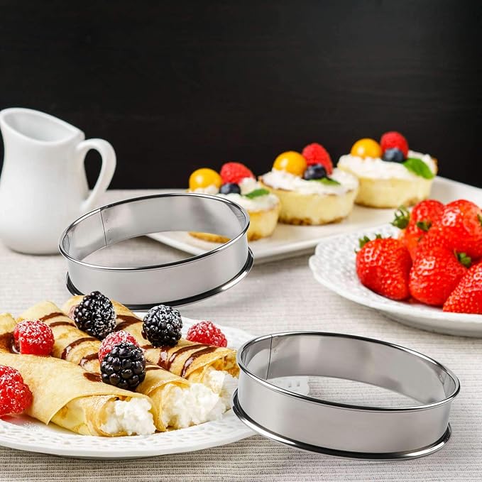 FANGSUN Crumpet Rings, English Muffin Rings 4 Inch,Stainless Steel Tart Rings for Baking,Double Rolled Nonstick Round Cake Ring, Metal Pastry Ring Mold for Griddle, Cooking Egg Ring for Dessert Food