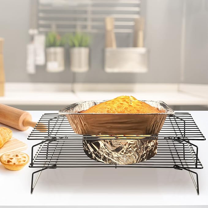 meekoo 2 Pack 4 Tier Cooling Rack Stackable Collapsible Folding Legs Stainless Steel Wire Rack for Baking Cooking Drying Roasting Cookies Bread Meat, 16 x 10 Inch