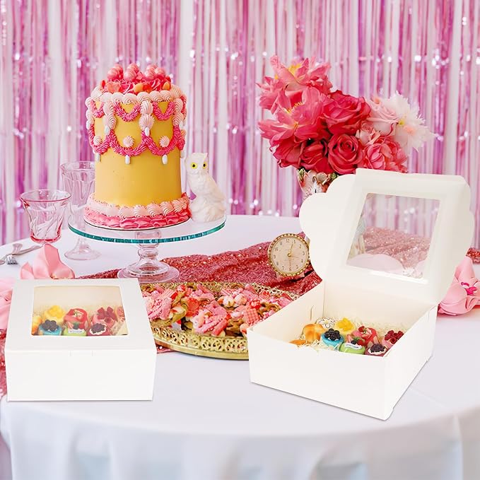 WAYASDCU 12 Piece Cardboard White Cake Boxex | 14 x 14 x 6 Inch | Large Bakery Boxes | Disposable Cake Containers | with Window | White Boxes