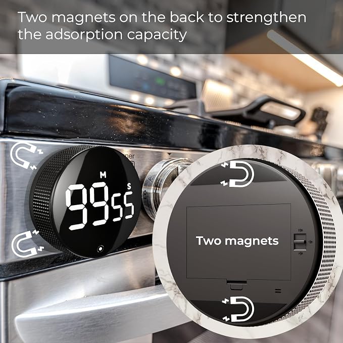 Digital Kitchen Timers, Magnetic Visual Timer Large LED Display Magnetic Countdown Countup Timer Volume Adjustable for Classroom Cooking Baking Teaching, Easy for Kids and Seniors (Black)