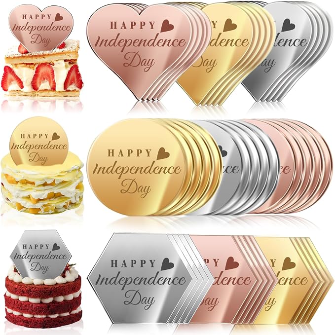 45PCS Happy 4th of July Cake Toppers, Mirror Acrylic Cupcake Toppers 3 Multi-shape & 3 Different Color Custom Cupcake Picks for 4th of July Party Decorations