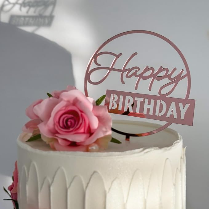 6-Pack Acrylic Birthday Cake Toppers, Mirror Pink Happy Birthday Sign for Cake Decorations