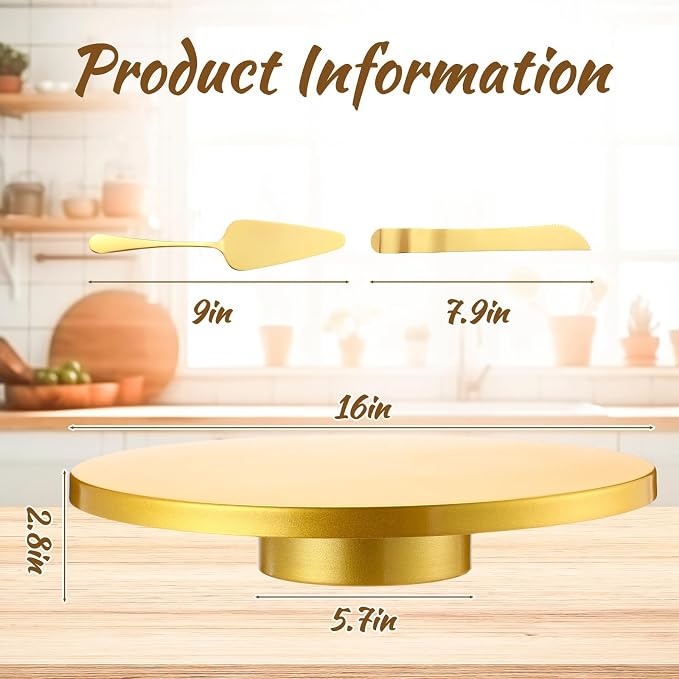 Wenqik 16 Inch Metal Gold Cake Stand with Cake Knife and Spatula, Round Dessert Table Display Stand Metal Dessert Tray Serving Platter for Party, Wedding, Birthday, Baby Shower, Anniversary