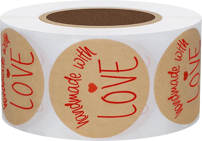 Hybsk Kraft Handmade with Love Stickers with Black Font 1.5" Inch Round Total 500 Labels Per Roll (Type 2)