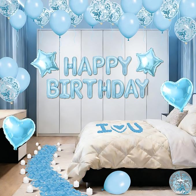 Blue Happy Birthday Balloons Decorations Light Blue Birthday Balloon Letters Banner with Star Heart Balloons 1000 Pcs Artificial Rose Petals 24 Flameless LED Candles for Hotel Birthday Party Supplies