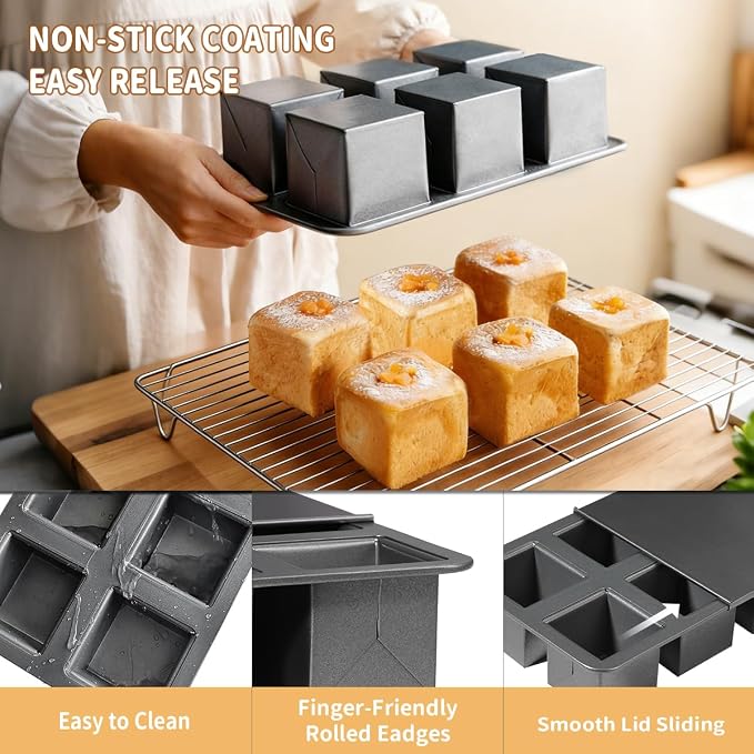 6-Cavity Mini Pullman Loaf Pan with Lid, Mini Loaf Pan 2.4 x 2.4 x 2.4 inch Square Bread Baking Mold, Nonstick Heavy Duty Carbon Steel Toast Box with Cover for Homemade Sandwich, Milk Bread, Meatloaf