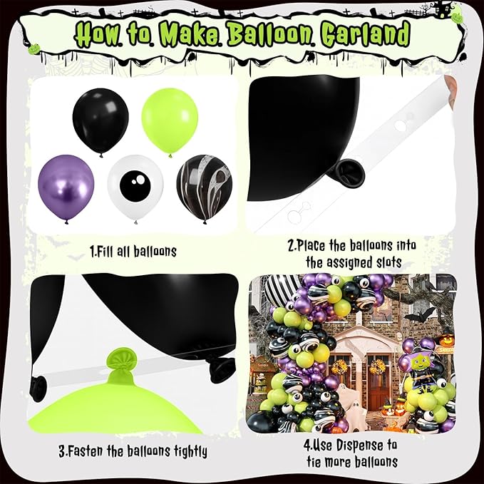 Halloween Balloon Arch Kit, Black Fruit Green Metallic Purple Agate Black Balloons, Ghostly Eyes, Scary Character and Striped Balloons for Kid Halloween Birthday Party Decorations Baby Shower Backdrop