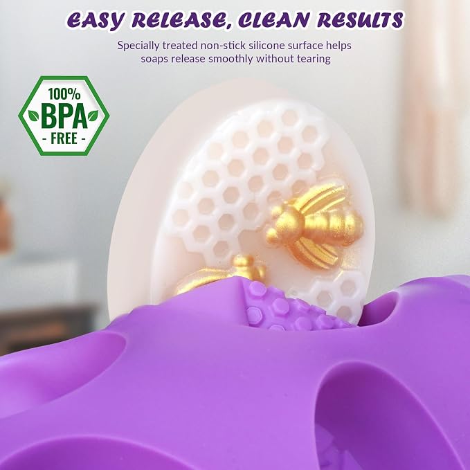 HKNMTT Silicone Bee Honeycomb Flower Oval Bar Molds, 6 Shapes 12 Cavities for Candy Soap Making Shower Steamer Homemade Bath Bomb Lotion Shampoo Bar Dessert DIY Set Non-stick Craft Food Grade 2 Pack