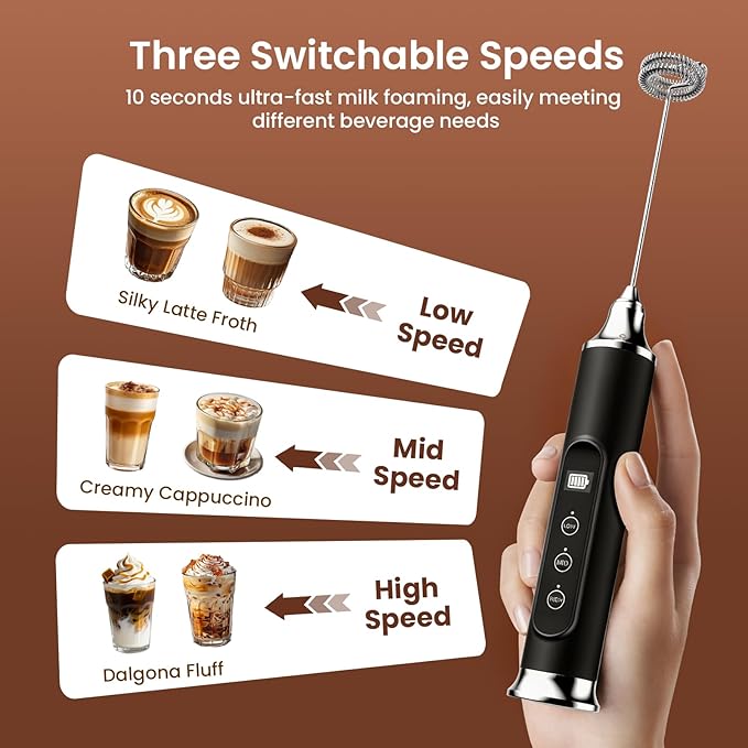 YUSWKO Milk Frother Wand for Coffee, Coffee Frother Handheld Drink Mixer | Rechargeable Mixer Wand, Waterproof Electric Whisk for Protein Powder, Lattes, Cappuccino, 3 Variable Speeds 3 Whisks, Black