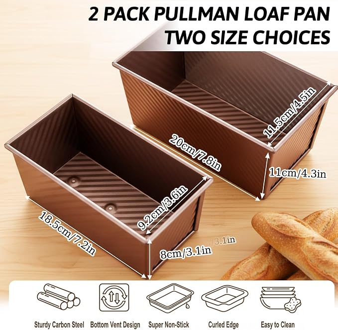 2 Pack Pullman Loaf Pan with Lid, Non-Stick Bread Pan for Sourdough | 2.2 lb & 1 lb Carbon Steel Corrugated Square Toast Tin, Carbon Steel Toast Box with Cover for Homemade Bread, Rose Gold