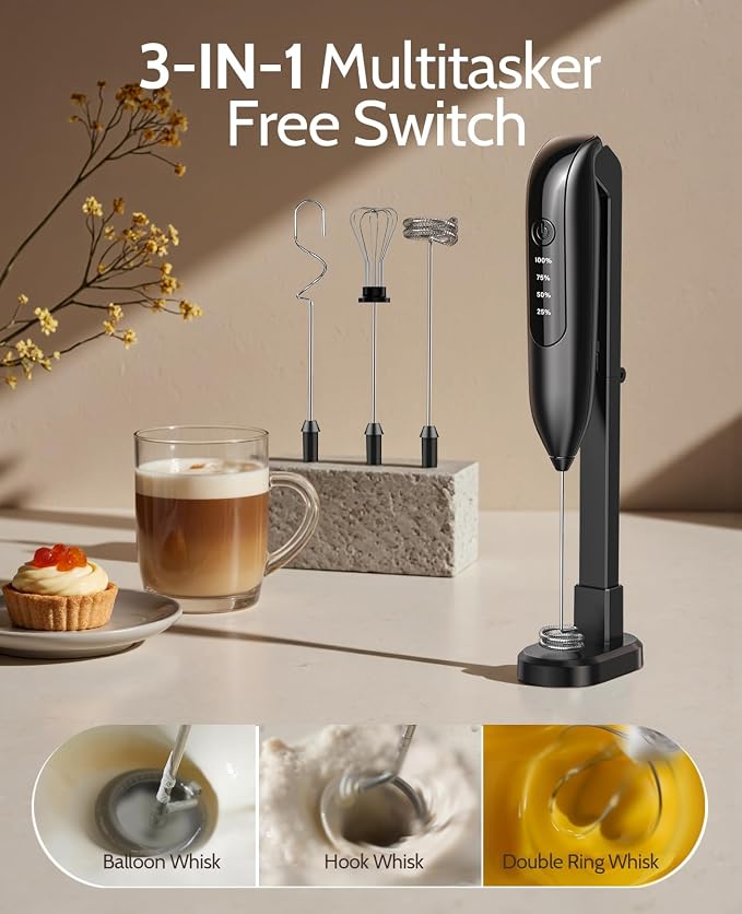 Electric Milk Frother Handheld: Rechargeable 3 Heads 3 Speeds Portable Stainless Steel Drink Foam Mixer with LED Digital Display for Milk Coffee, Lattes, Cappuccino, Matcha - Onyx Black
