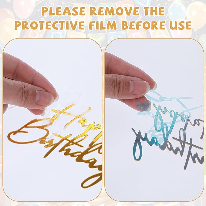 6Styles Gold Happy Birthday Cake Toppers, Mirror Acrylic Happy Birthday Sign for Cake Side Decoration, Glitter Gold Acrylic Happy Birthday Cake Topper Set for Cake Party Decorating Supplies