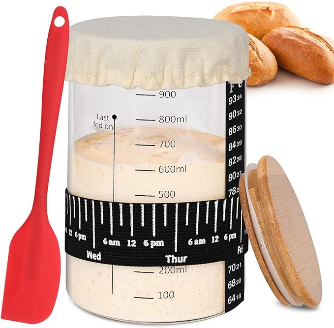 Xileanalee Pro Sourdough Starter Jar Kit- 35 Oz Large Sourdough Starter Glass Jar with Date Marked Feeding Band,Thermometer,Spatula,Cloth Cover& Lid for Sour Dough Bread Loaf