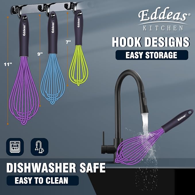 Eddeas Silicone Whisk, 500°F Heat Resistant Non Scratch Coated Whisks for Cooking Baking Balloon wisk, Kitchen Whisk Tool Set, for Stirring, Beating & Blending of 3 Size 7.5"+ 9" +11 inch