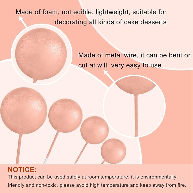ASTARON 32 Pcs Ball Cake Topper Decorations Mini Balloons Cake Topper Sticks Foam Balls Cake Picks Cake Topper Balls Cake Decorations for Wedding Party Birthday Cake Decorations (Rose gold，Pink)
