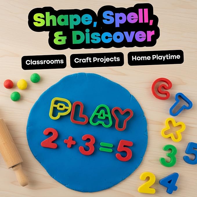 Hygloss 41-Piece Alphabet Cutters Set – ABC Letter and Number Mold Kit with Bright Colors – Educational Clay and Dough Tools & Accessories for Learning – Arts & Crafts for Kids Ages 3-6