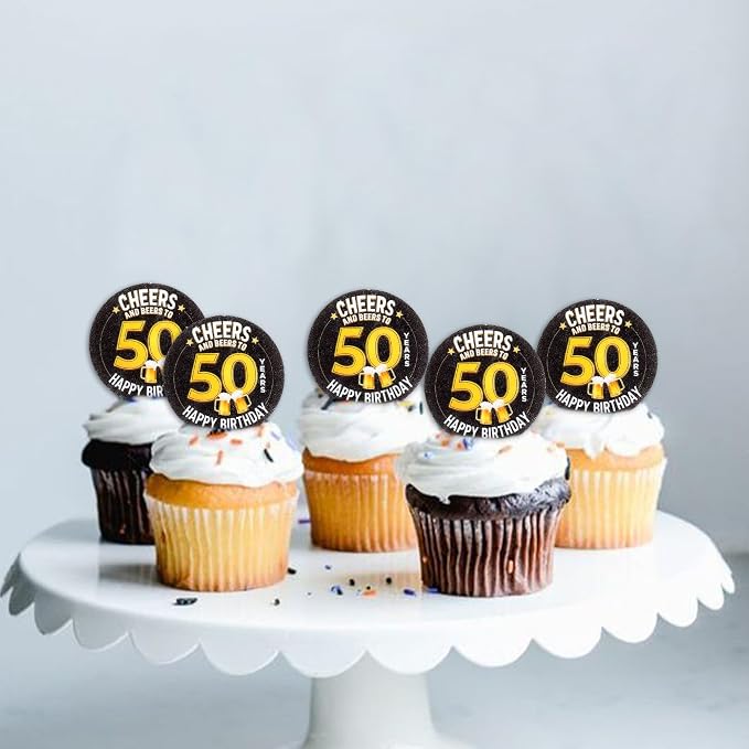 40Pcs Edible Cheers Beers to 50 Years Cupcake Toppers Edible Black Happy 50th Birthday Cupcake Picks Drink Toppers for Cheers Beers Theme 50th Men Birthday Party Decorations
