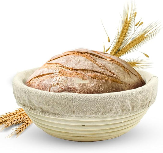 PW-V3002-LIN: Vollum Banneton Bread Proofing Basket & Liner – Handmade Rustic Sourdough Bread Baking Supplies, Brotform Basket, Sour Dough Tools, Gifts for Bakers - Round - 10"D x 3.5"H