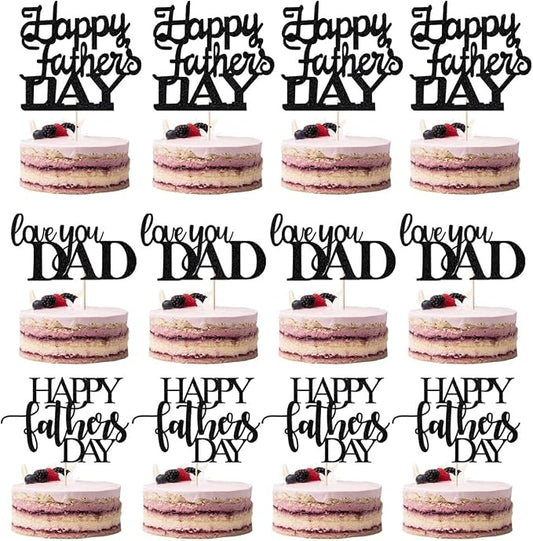 12 Pcs Happy Father's Day Cake Toppers，Father's Day Love You Dad,Happy Birthday Dad Cake Decorations,Thanks Dad Best Dad Ever Cake Picks for Father's Day Birthday Party Cake Supplies